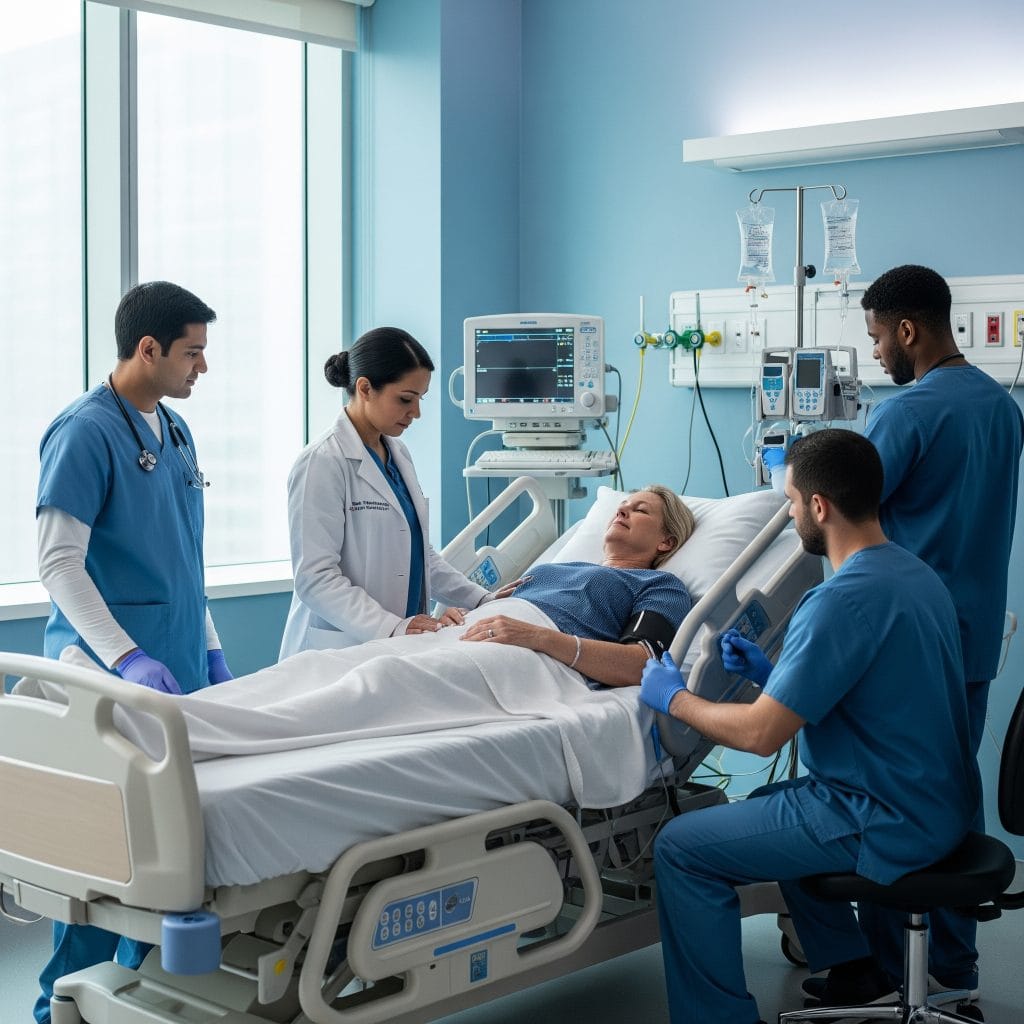 Doctors evaluating a bone marrow transplant patient