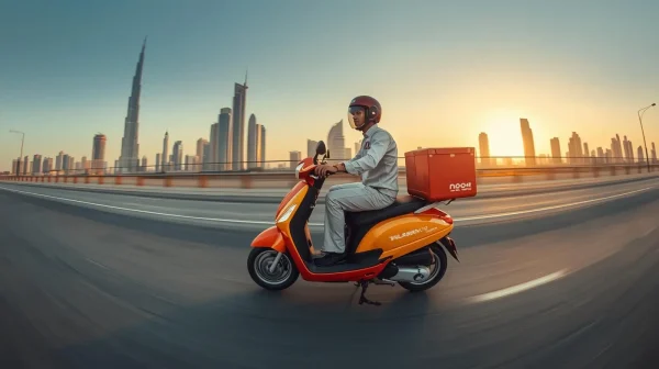 Dynamic Rider in Urban Dubai_Visual Description_ A wide, panoramic shot of a delivery rider on a branded scooter in motion on a sleek Dubai road